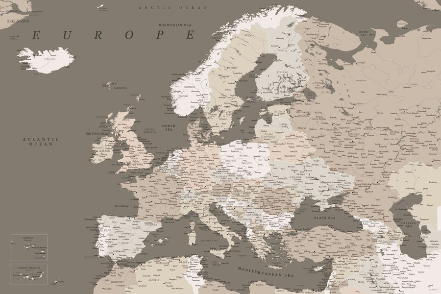 Europe Map Detailed - Earthy Mural Wallpaper