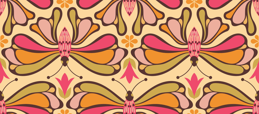 Retro Bold Butterflies, Orange Mural Wallpaper