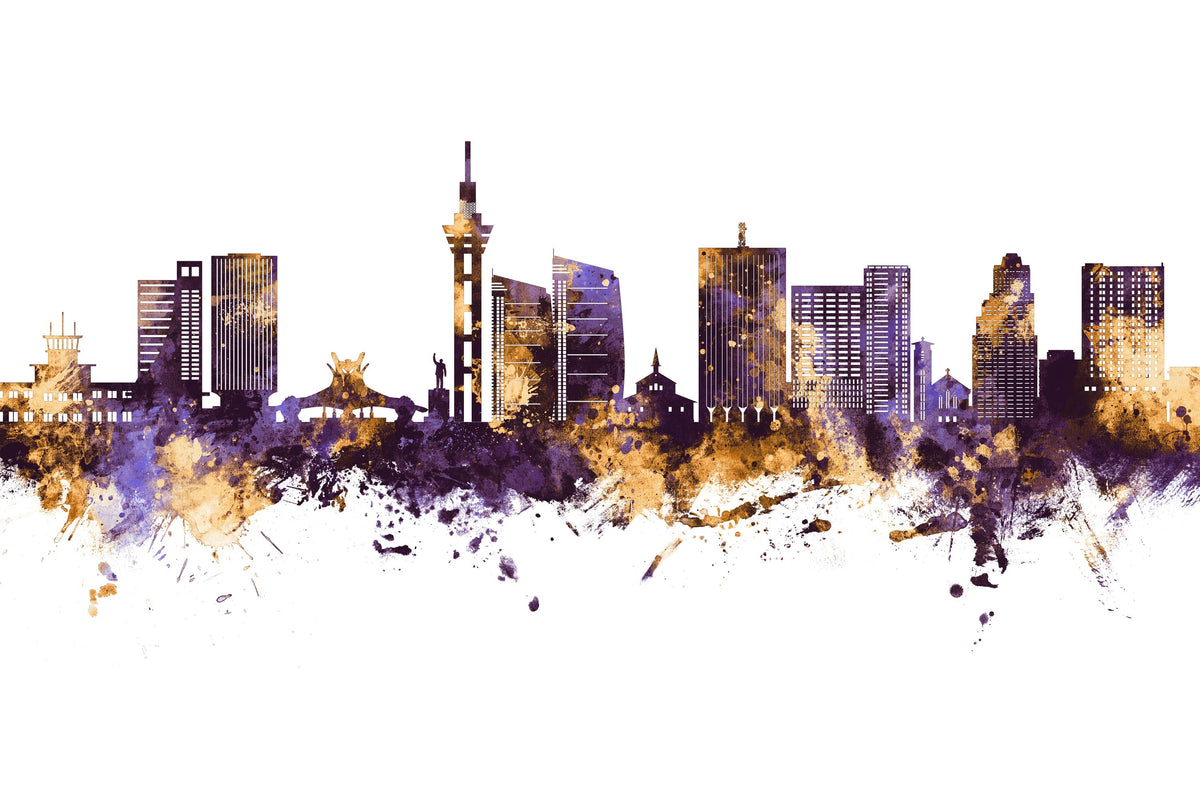 Kinshasa Skyline Purple & Gold Mural Wallpaper - pure wallpaper artwork