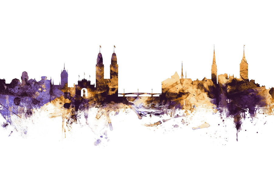 Zurich Switzerland Skyline Purple & Gold Mural Wallpaper