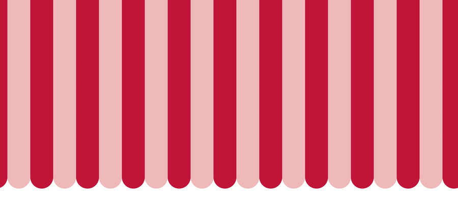 Scalloped Circus Stripes, Red on Pink Mural Wallpaper