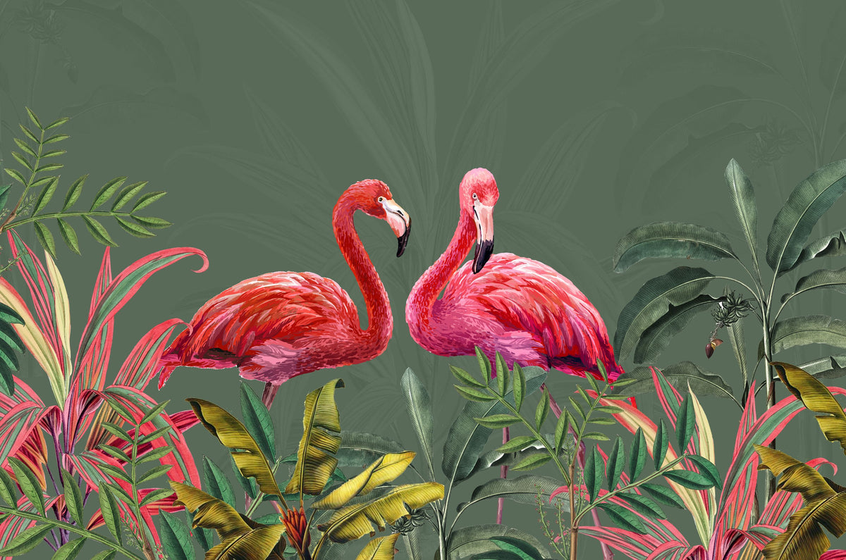 Shy Flamingos Green Mural Wallpaper - pure wallpaper artwork