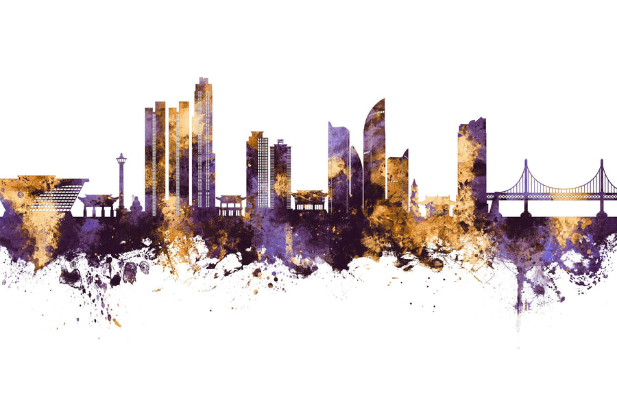 Busan South Korea Skyline Purple & Gold Mural Wallpaper