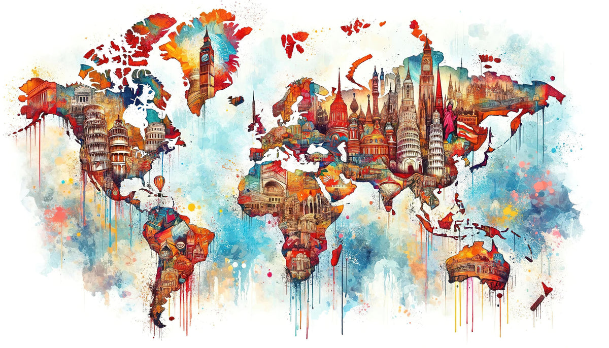 Watercolor World Map Landmarks Mural Wallpaper - pure wallpaper artwork