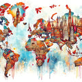 Watercolor World Map Landmarks Mural Wallpaper - pure wallpaper artwork