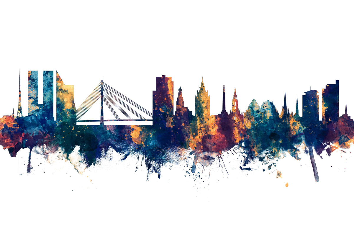 Riga Latvia Skyline Blue & Bronze Mural Wallpaper - pure wallpaper artwork