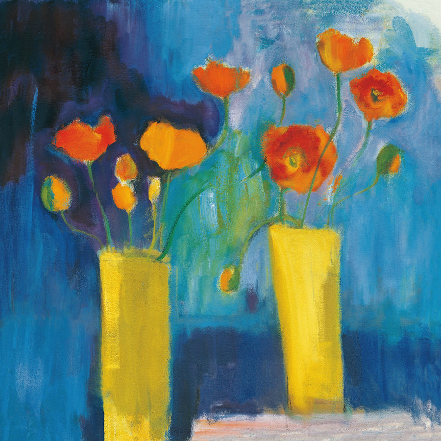 Cadmium Orange Poppies on Blue Mural Wallpaper