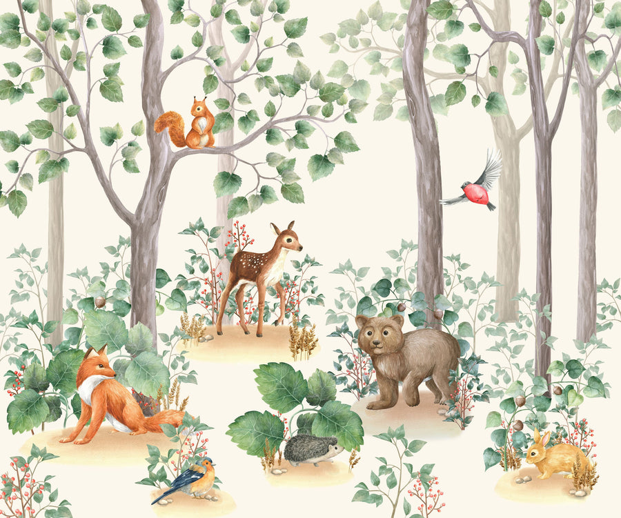 Nordic Forest Baby Animals Mural Wallpaper