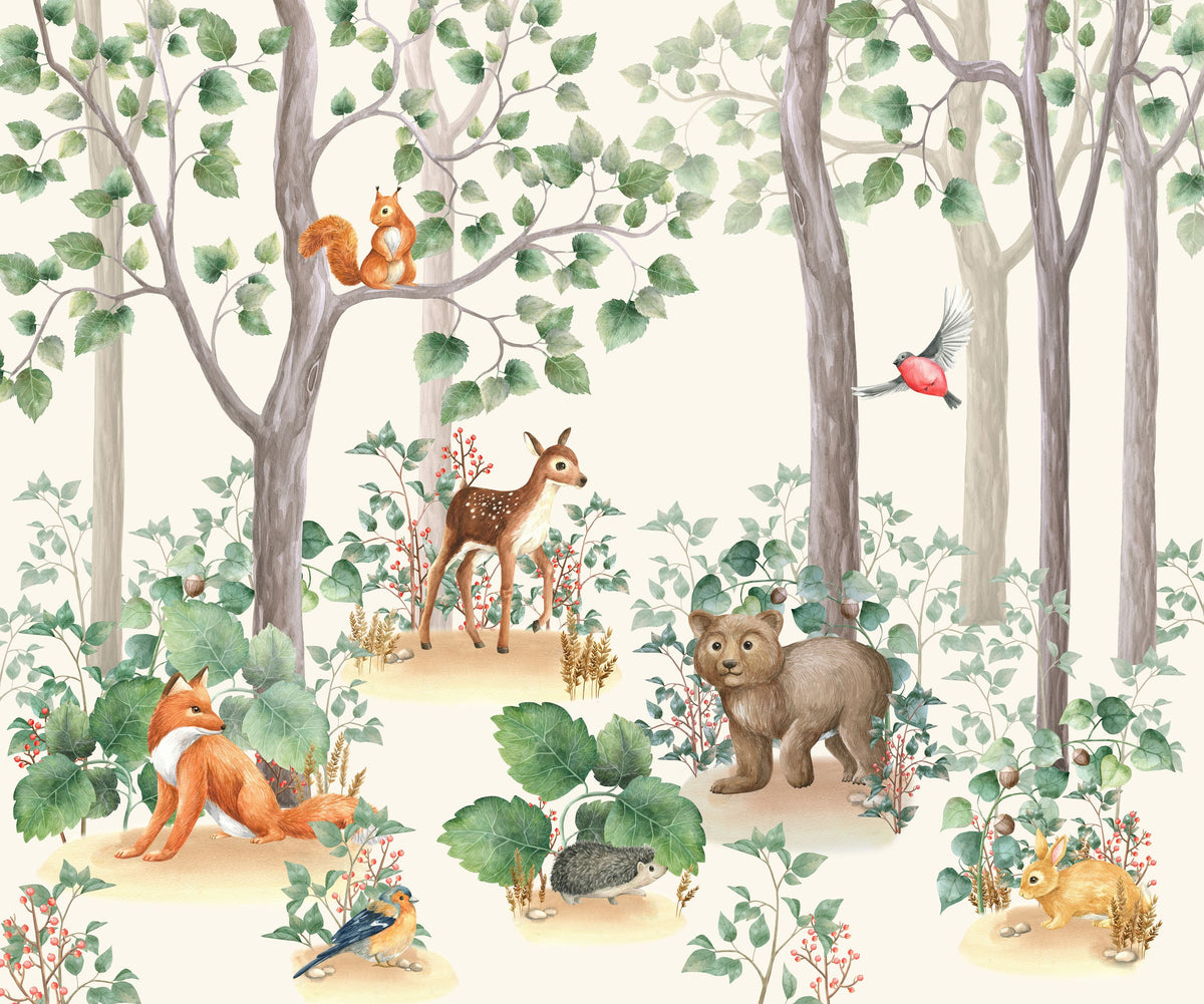 Nordic Forest Baby Animals Mural Wallpaper - pure wallpaper artwork