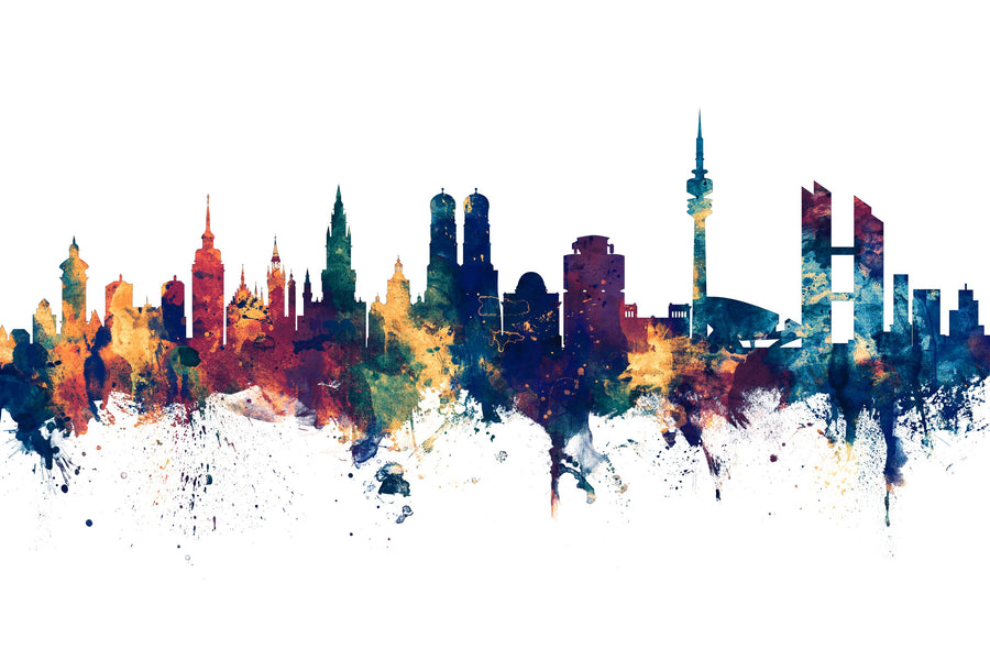 Munich Skyline Blue & Bronze Mural Wallpaper