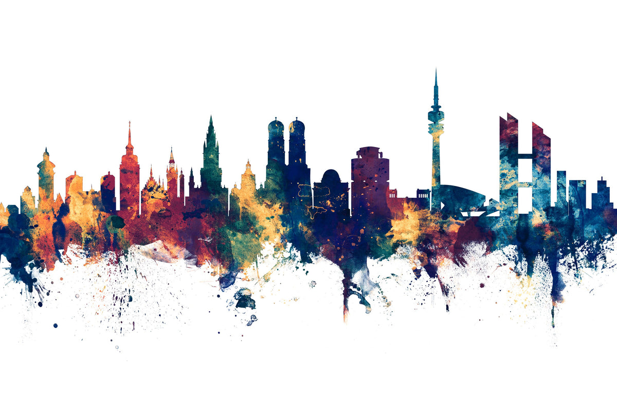 Munich Skyline Blue & Bronze Mural Wallpaper - pure wallpaper artwork