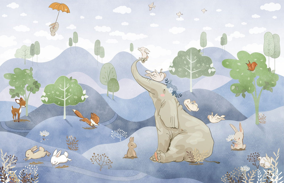 Bunny Friends, Blue Mural Wallpaper - pure wallpaper artwork