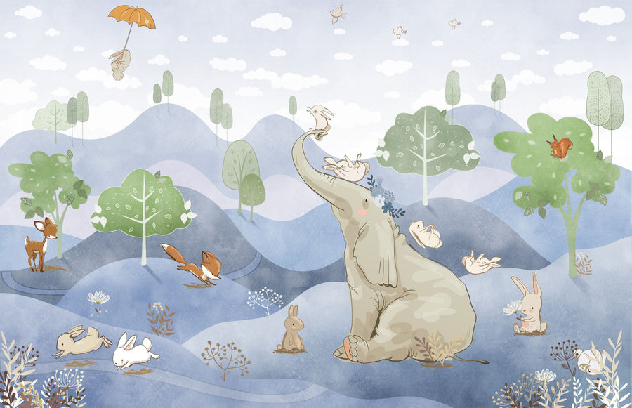 Bunny Friends, Blue Mural Wallpaper