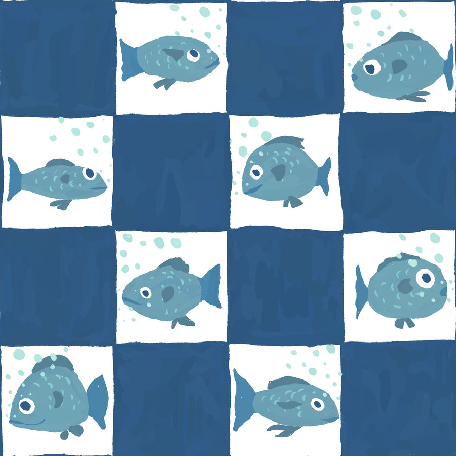 Fish Checkers, Blue Mural Wallpaper