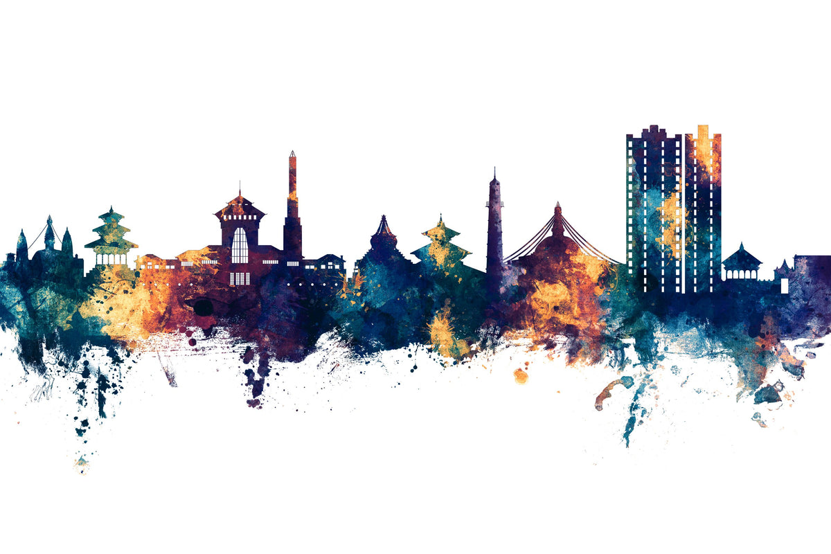 Kathmandu Nepal Skyline Blue & Bronze Mural Wallpaper - pure wallpaper artwork