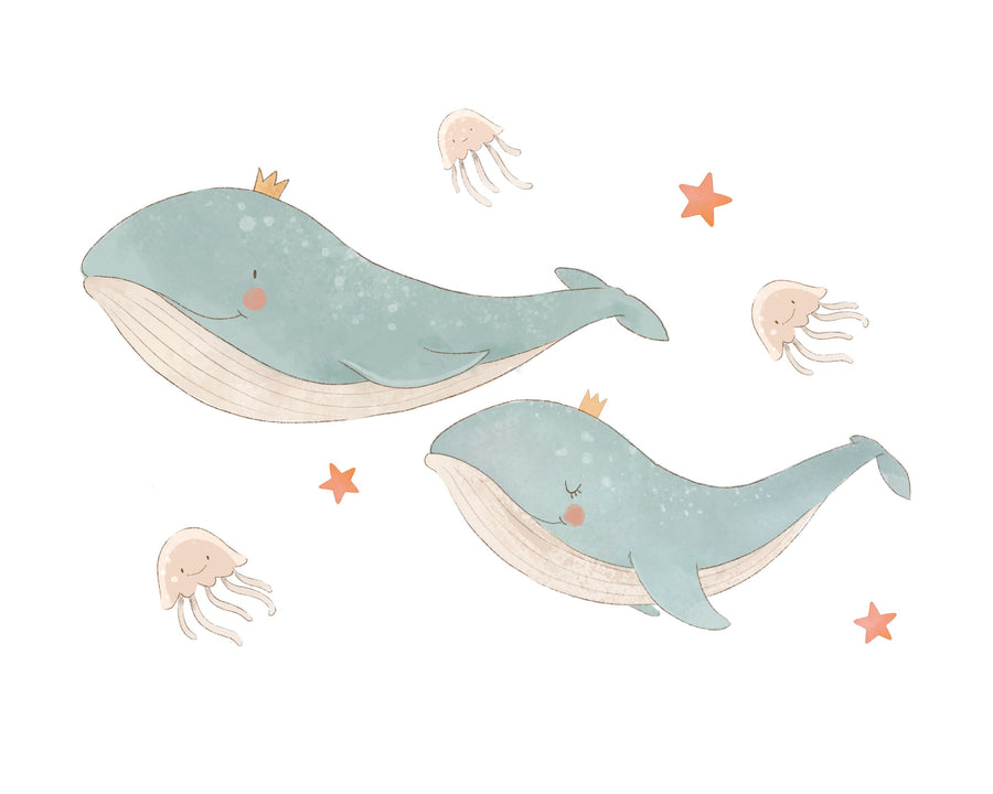 Cute Whales, Jellyfish & Stars Illustration Mural Wallpaper
