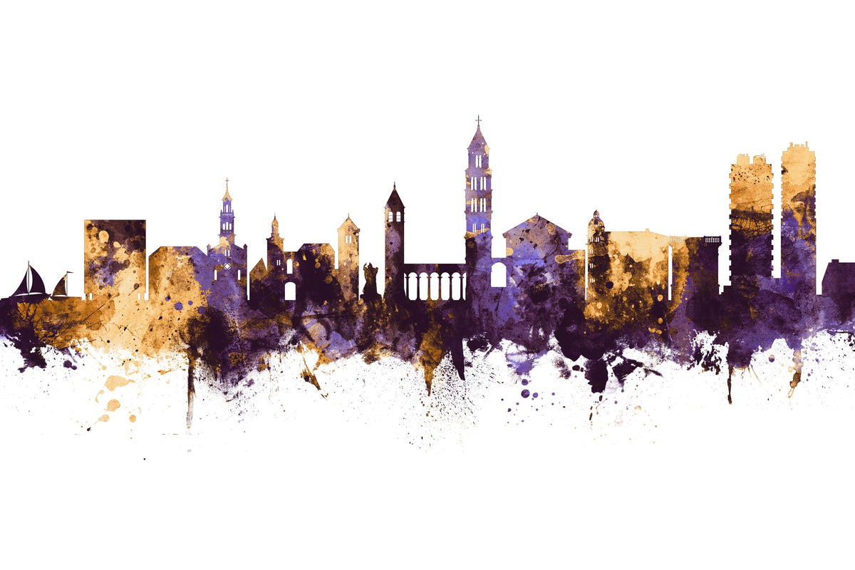 Split Croatia Skyline Purple & Gold Mural Wallpaper - pure wallpaper artwork