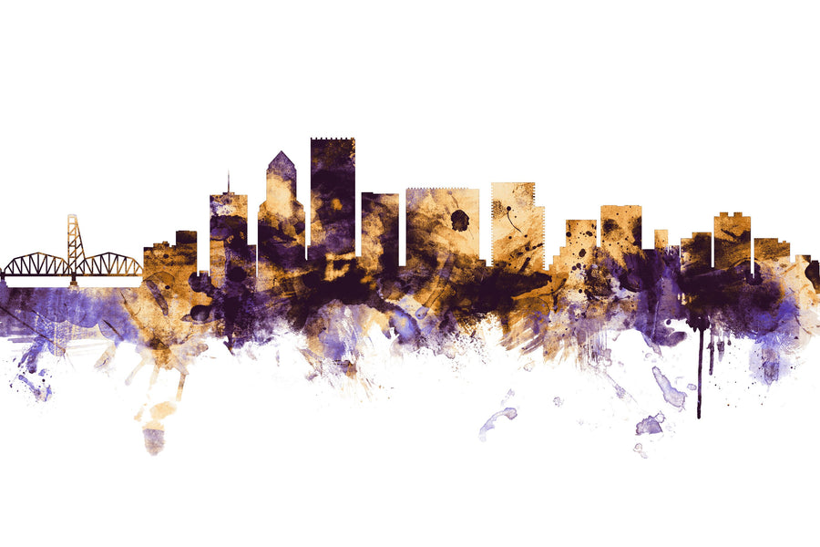 Portland Oregon Skyline Purple & Gold Mural Wallpaper