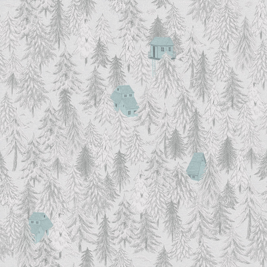 Forest Cabins, Grey Mural Wallpaper