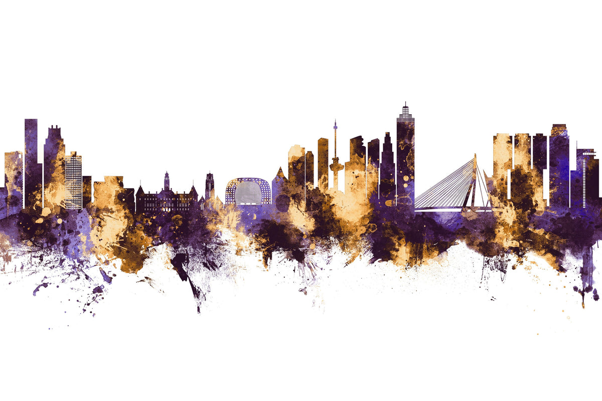 Rotterdam the Netherands Skyline Purple & Gold Mural Wallpaper - pure wallpaper artwork