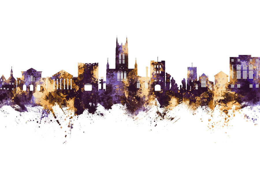 Bury St Edmunds England Skyline Purple & Gold Mural Wallpaper