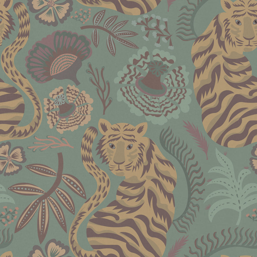 Painterly Tigers Mint Mural Wallpaper