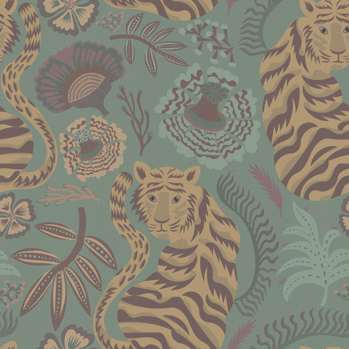 Painterly Tigers Mint Mural Wallpaper - pure wallpaper artwork