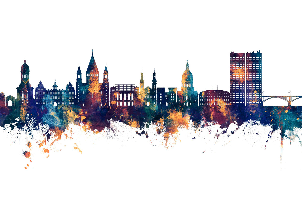 Mainz Germany Skyline Blue & Bronze Mural Wallpaper - pure wallpaper artwork