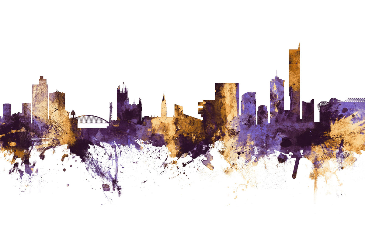 Manchester England Skyline Purple & Gold Mural Wallpaper - pure wallpaper artwork