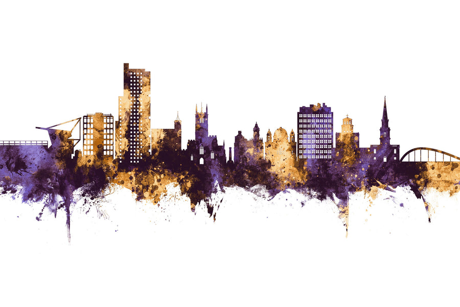 Wolverhampton England Skyline Purple & Gold Mural Wallpaper