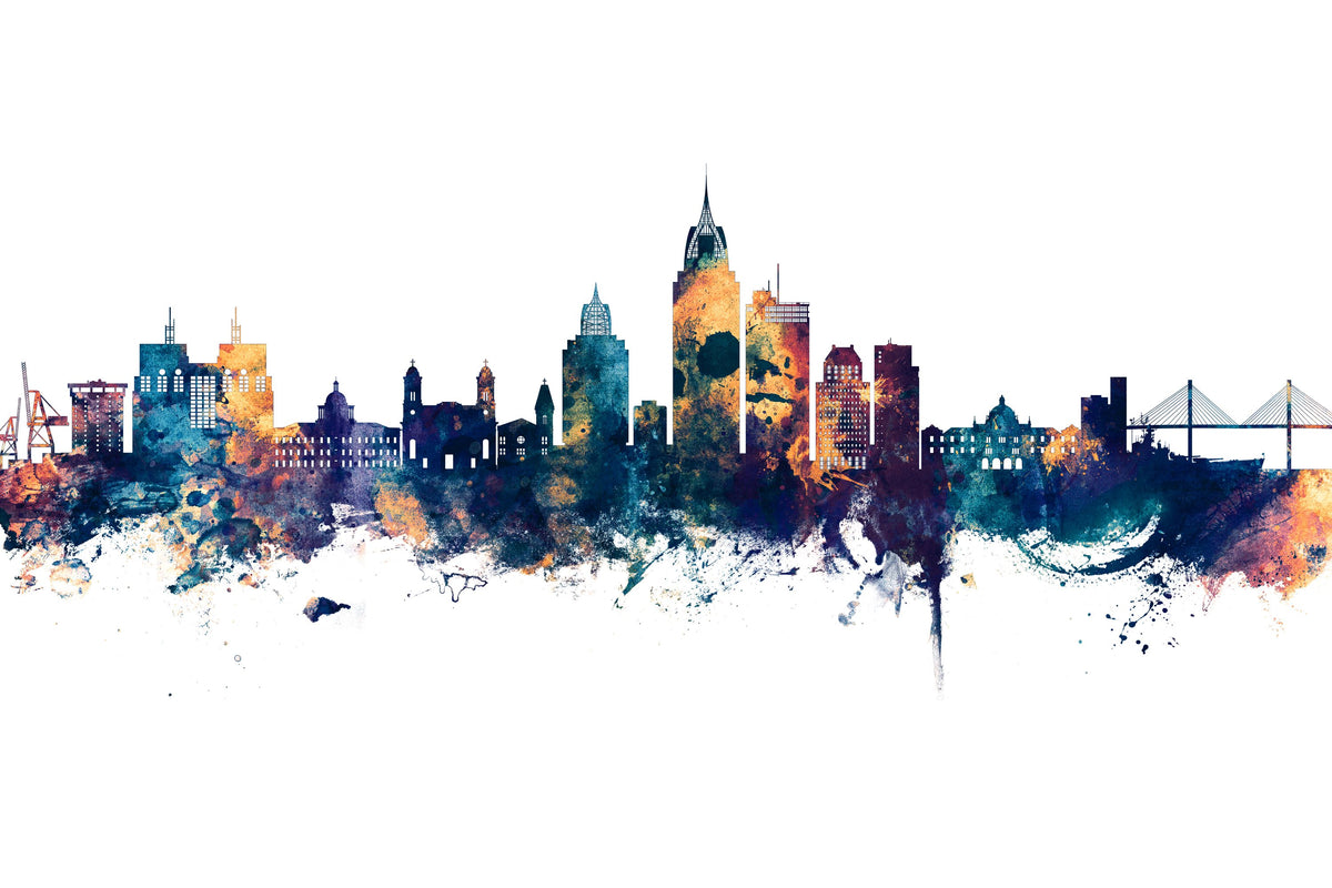 Mobile Alabama Skyline Blue & Bronze Mural Wallpaper - pure wallpaper artwork