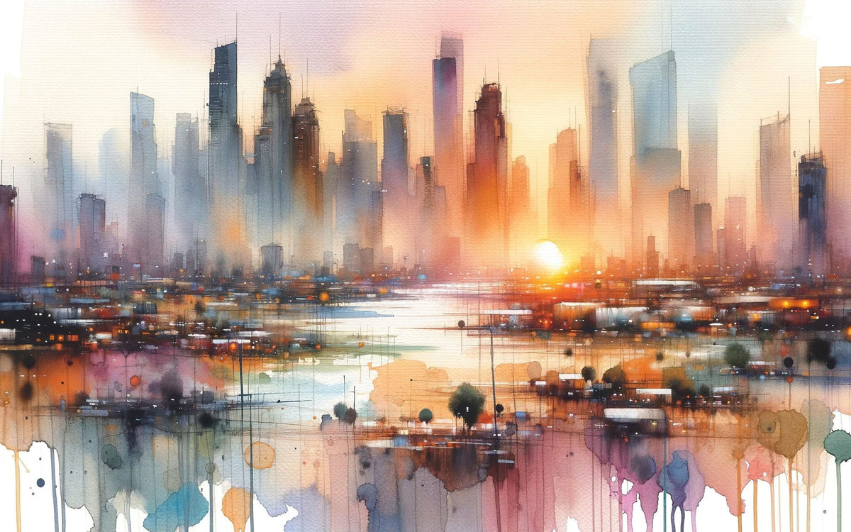 Vibrant Cityscape At Sunset Mural Wallpaper - pure wallpaper artwork