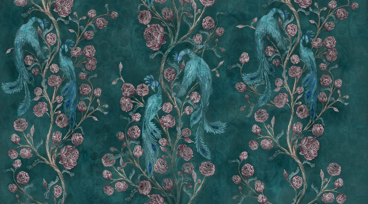 Peacock and Peony Chinoiserie Teal Mural Wallpaper - pure wallpaper artwork