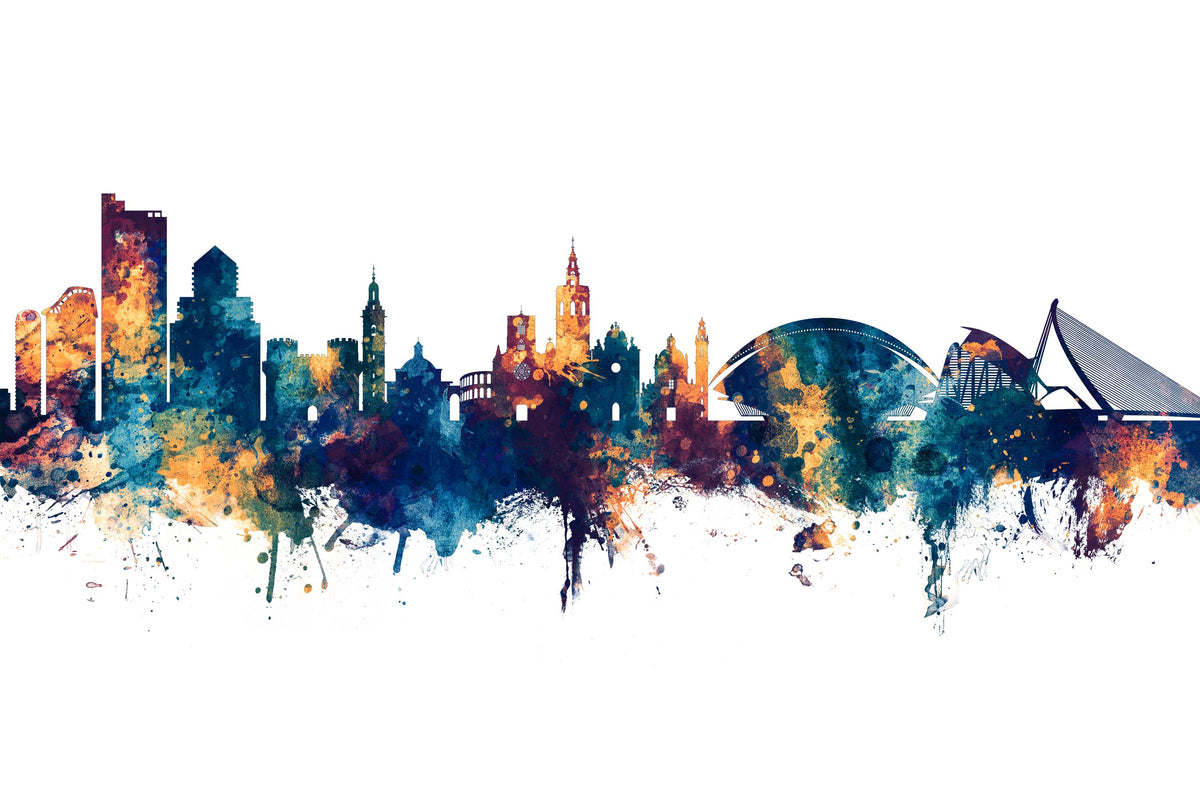 Valencia Spain Skyline Blue & Bronze Mural Wallpaper - pure wallpaper artwork