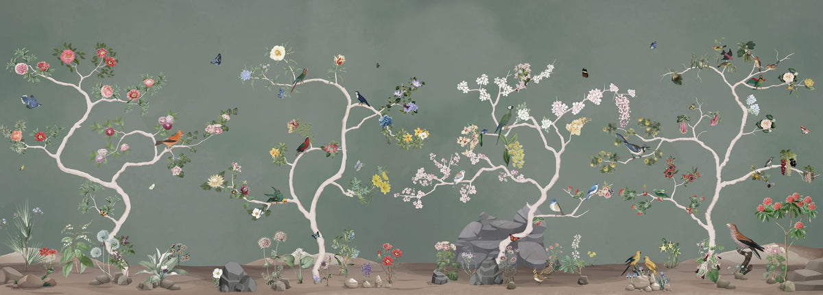 Birds in the Garden Dark Green Mural Wallpaper - pure wallpaper artwork