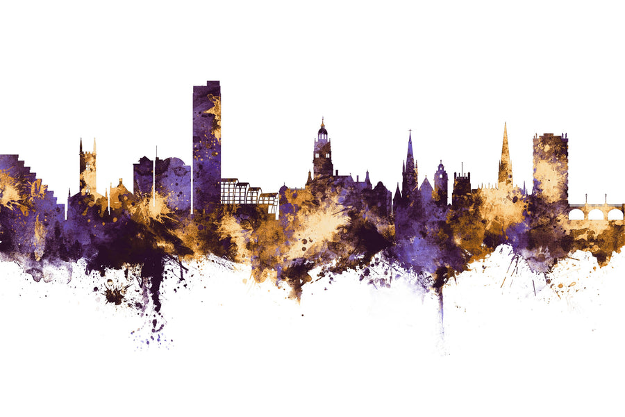 Sheffield England Skyline Purple & Gold Mural Wallpaper