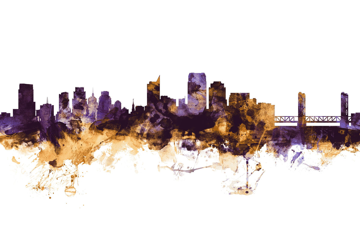 Sacramento California Skyline Purple & Gold Mural Wallpaper - pure wallpaper artwork