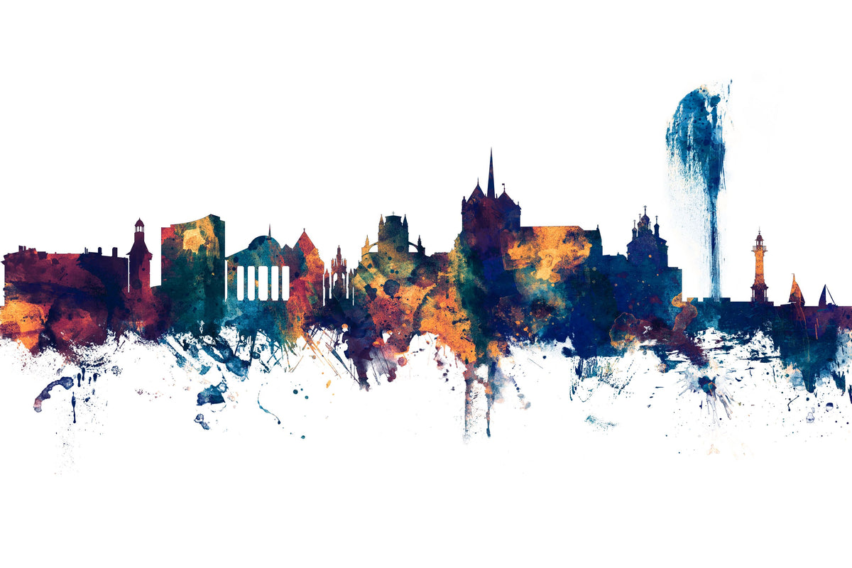 Geneva Switzerland Skyline Blue & Bronze Mural Wallpaper - pure wallpaper artwork