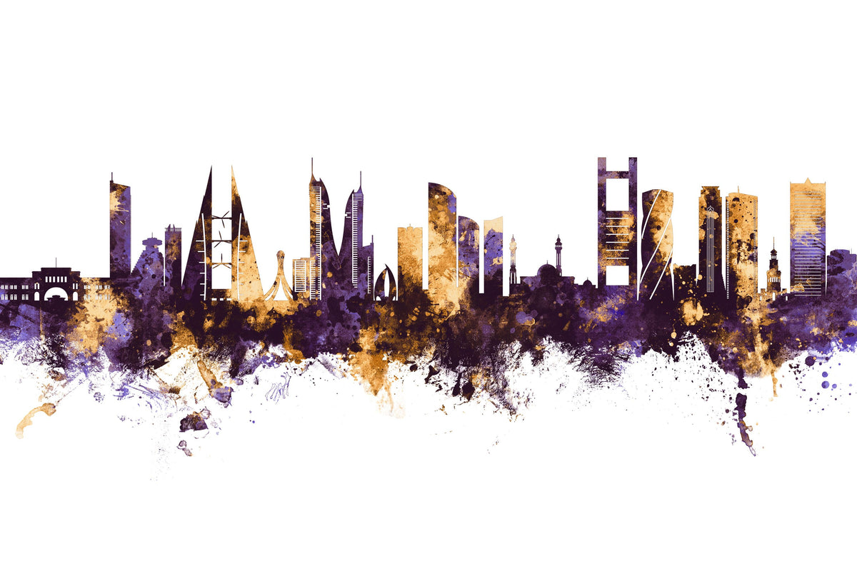 Manama Skyline Purple & Gold Mural Wallpaper - pure wallpaper artwork