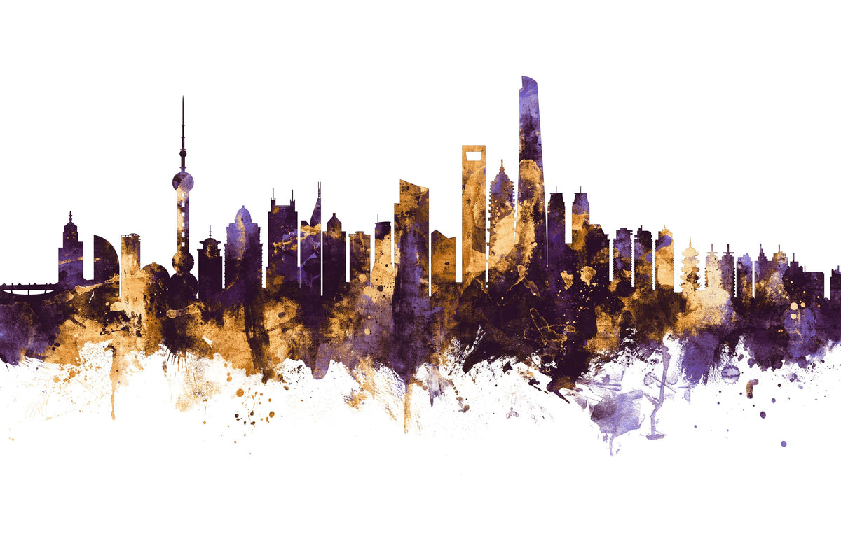 Shanghai China Skyline Purple & Gold Mural Wallpaper - pure wallpaper artwork