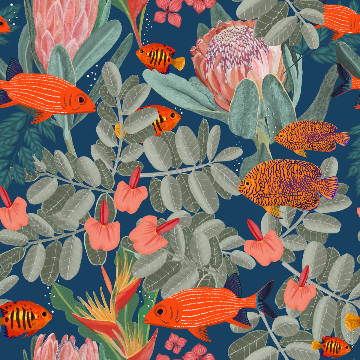 Orange Fish & Proteas Mural Wallpaper - pure wallpaper artwork