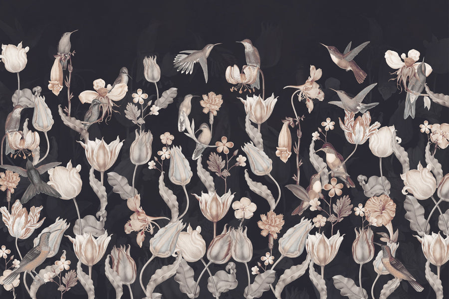 Tulips & Birds, Midnight Mural Wallpaper