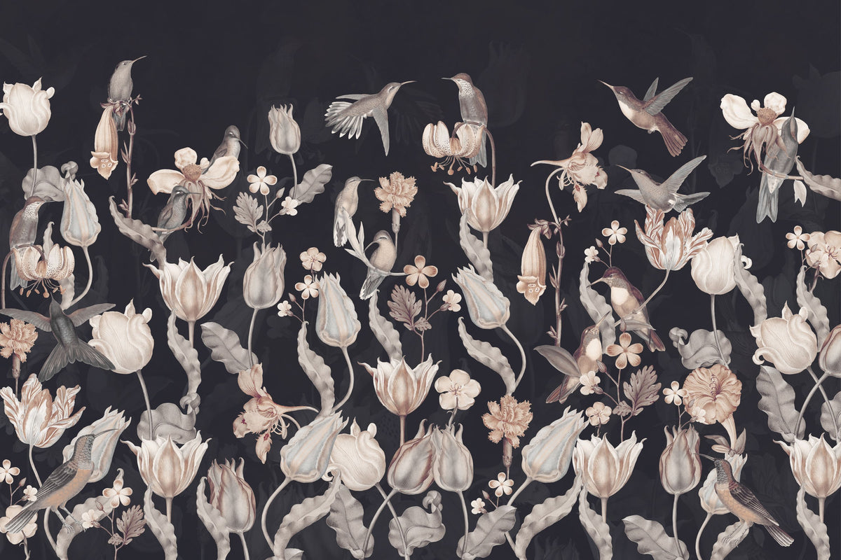 Tulips & Birds, Midnight Mural Wallpaper - pure wallpaper artwork