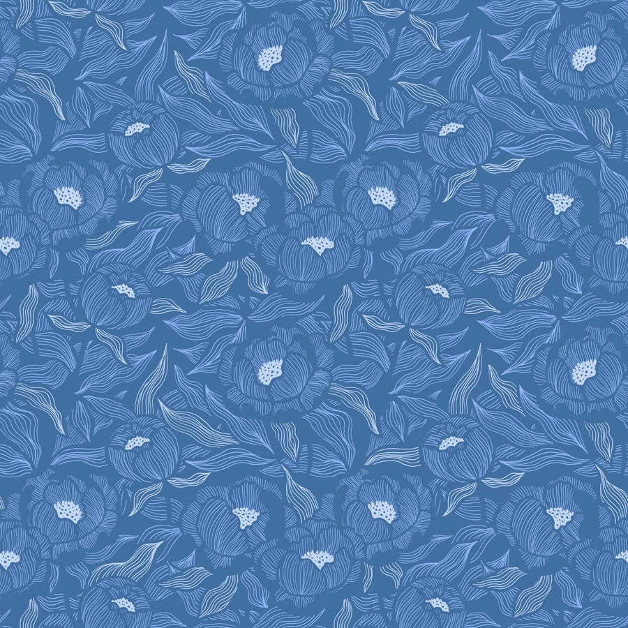 Hidden Peonies, Blue Mural Wallpaper