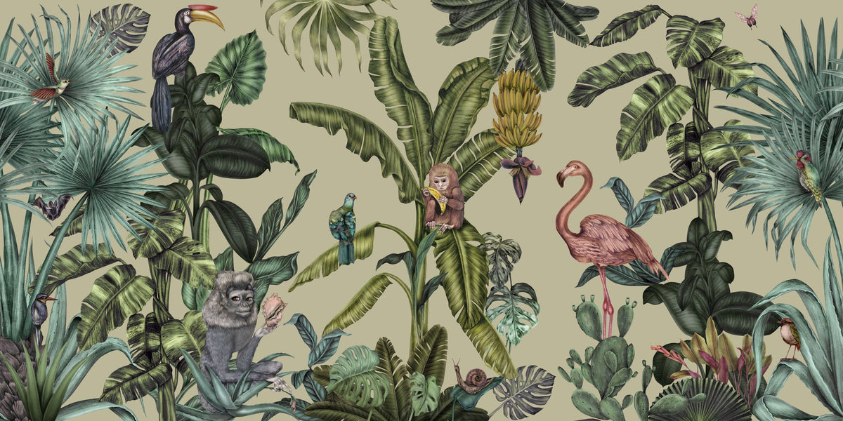 Monkeys with Birds, Laurel Mural Wallpaper - pure wallpaper artwork