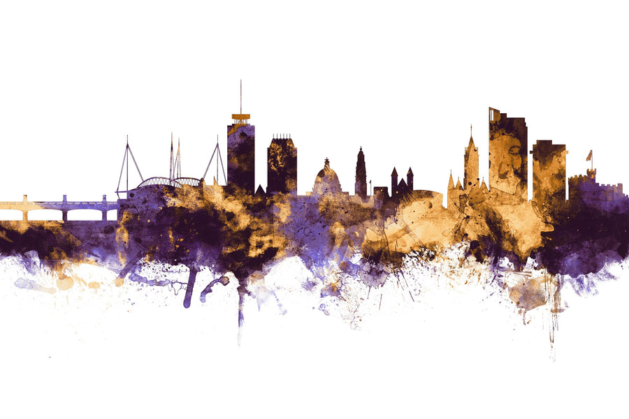 Cardiff Wales Skyline Purple & Gold Mural Wallpaper