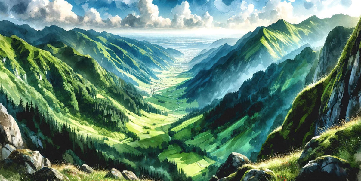 Expansive Mountain Valley Landscape Mural Wallpaper - pure wallpaper artwork
