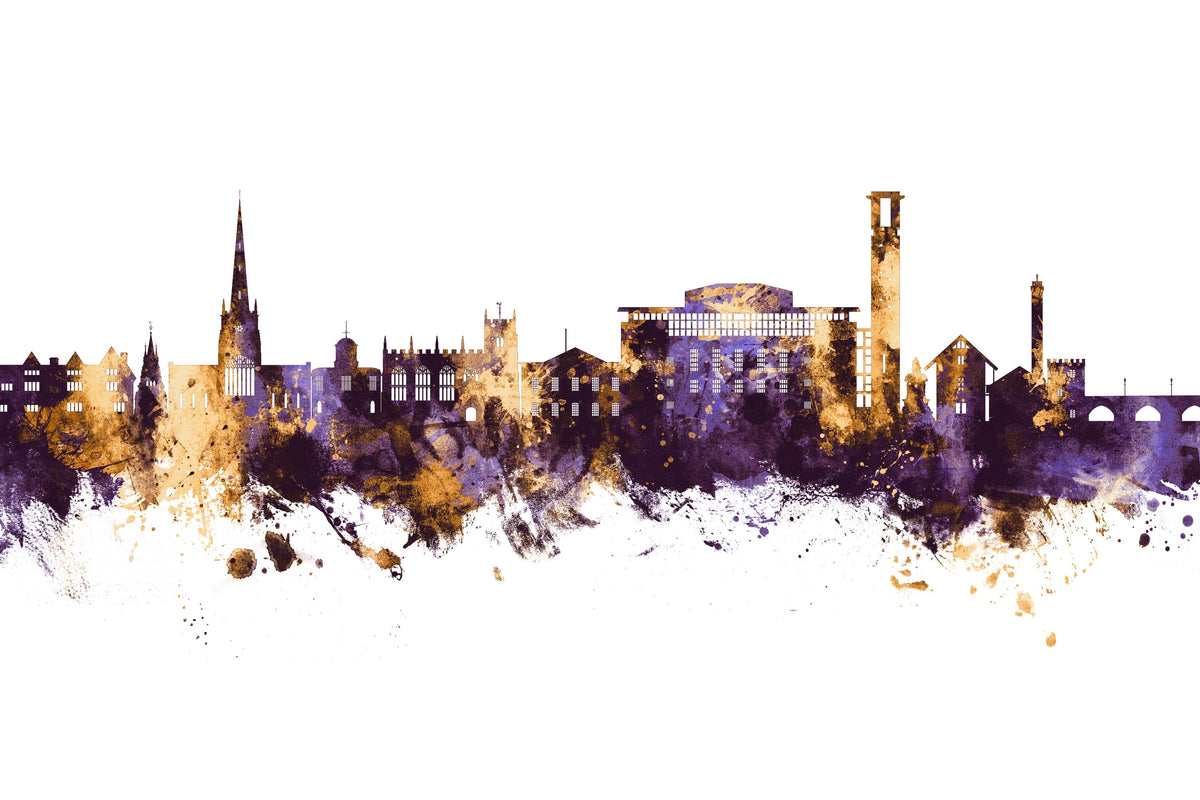 Stratford-upon-Avon England Skyline Purple & Gold Mural Wallpaper - pure wallpaper artwork