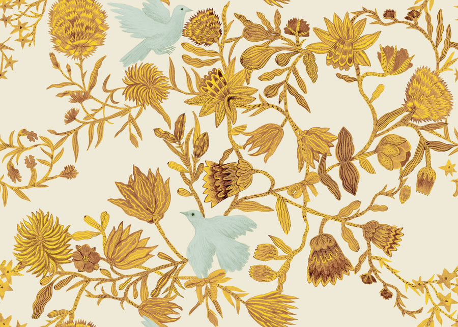Miracle Blossoms and Birds, Yellow Mural Wallpaper