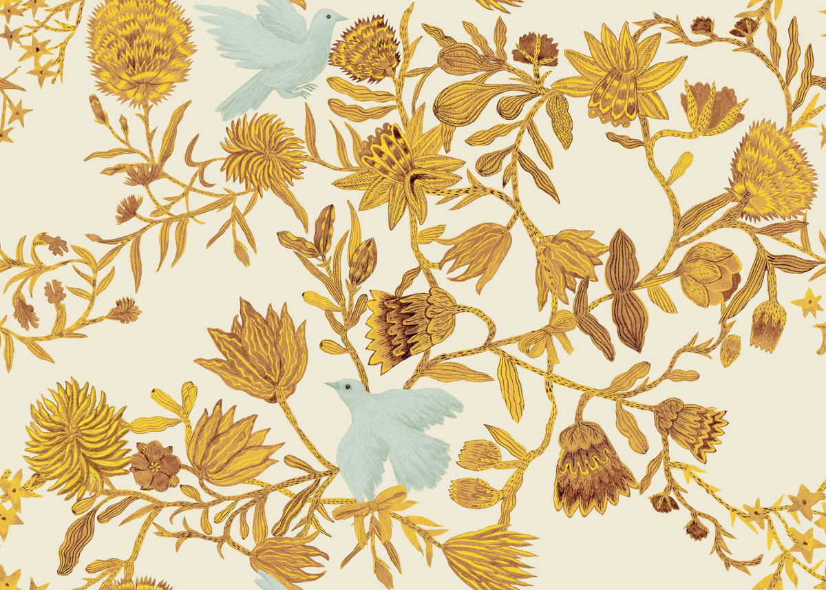 Miracle Blossoms and Birds, Yellow Mural Wallpaper - pure wallpaper artwork